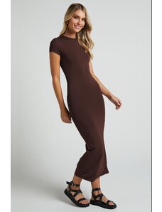 Madmext Brown Basic Half Turtleneck Long Slit Dress