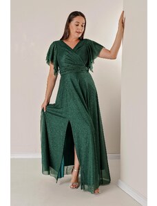 By Saygı Plus Size Long Glittery Dress with a Double Breasted Collar Draping and Linen
