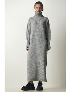 Happiness İstanbul Dámske sivé rolákové šaty s rozparkom, oversize pletené šaty