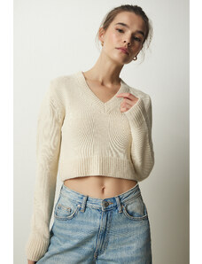 Happiness İstanbul Women's Cream V-Neck Crop Knitwear Sweater
