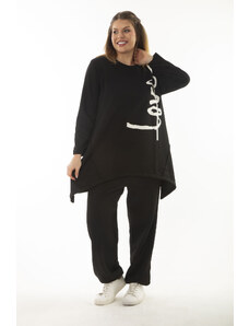 Şans Women's Plus Size Black Cup And Print Detailed Sweatshirt Trousers Double Tracksuit Suit