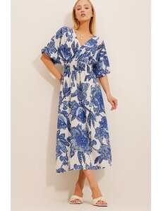 Trend Alaçatı Stili Women's Blue Double Breasted Collar Patterned Linen Dress