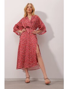 Trend Alaçatı Stili Dámske Dusty Rose s dvojitým golierom v páse s opaskom Vnútorne podšité vzorované saténové šaty strednej dĺžky