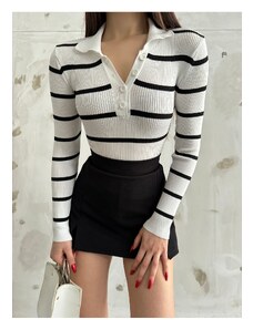 BİKELİFE Women's Button Polo Neck Ribbed Knitted Blouse