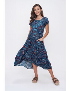 By Saygı Floral Pattern Tasseled Double Pocketed Asymmetrical Dress Blue
