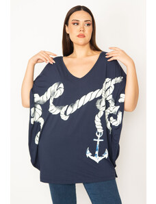 Şans Women's Plus Size Navy Blue Front Printed Low Sleeve Tunic