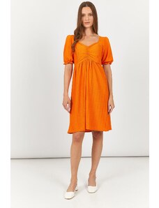 armonika Women's Orange Midi Length Dress with Pleated Front and Elasticated Sleeves