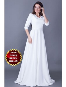 lovebox Dámske, flexibilné, biele spoločenské šaty s výstrihom do V, 3/4 rukávom z tkaniny Atlas 257