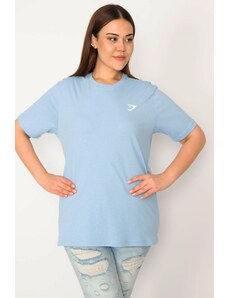 Şans Women's Plus Size Blue Crew-neck Short Sleeve Basic Blouse