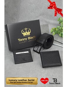 Tonny Black Originálna pánska 3-dielna špeciálna darčeková krabička, luxusný darček pre ženícha, súprava štýlovej peňaženky s koženým opaskom a držiaka kariet
