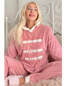 Pijamaevi Súprava plyšového polárneho pyžama s kapucňou a trojlínovým púdrovým vzorom
