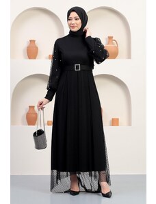Modamihram Tylové večerné šaty s kamenným opaskom čierna