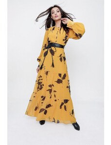 By Saygı Yellow Floral Pattern Long Chiffon Dress with Half-Buttons in the Front with a Belt and Lined Waist.
