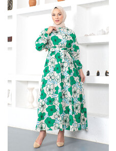 Tesettür Dünyası Ľanové šaty s kvetinovým vzorom Tsd230224 zelené