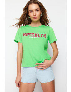 Trendyol Green 100 Cotton Slogan Printed Regular Cut Knitted T-Shirt