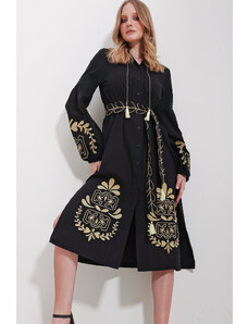 Trend Alaçatı Stili Women's Black Large Collar Belted Double Slit Linen Dress