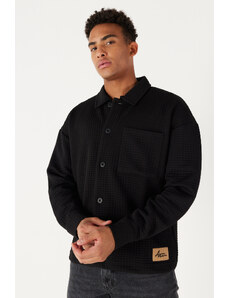 AC&Co / Altınyıldız Classics Men's Black Loose Fit Shirt Collar Patterned Knitted Jacket