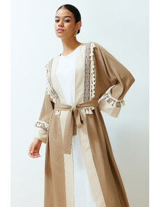Trendyol Modest Brown Belted Brode Detailed Crinkle Woven Kimono & Kaftan & Abaya