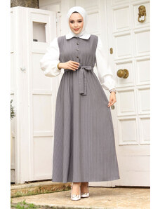 Tesettür Dünyası Predné hidžábové šaty s pásom na polovičné gombíky sivá