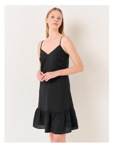 Jimmy Key Black V-Neck Strap Summer Linen Dress