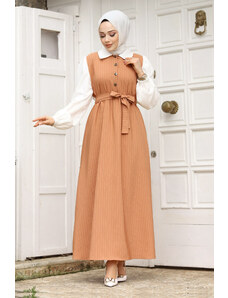 Tesettür Dünyası Šaty hidžábu s pásom vpredu s polovičným gombíkom Tan