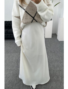 Laluvia Biela saténová sukňa s bočným skrytým zipsom a elastickým pásom