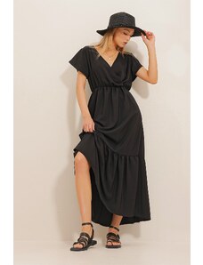 Trend Alaçatı Stili Dámske dymovo čierne dvojradové maxi šaty