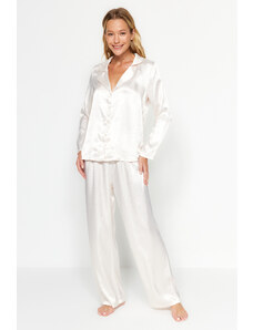 Trendyol Collection Ecru Animal vzorované saténové košele-nohavice Tkané pyžamové súpravy