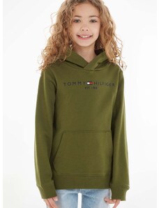 Detská bavlnená mikina Tommy Hilfiger zelená farba, s kapucňou, s nášivkou