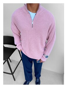 ablukaonline Pánsky rebrovaný sveter oversize s polovičným zipsom ružový