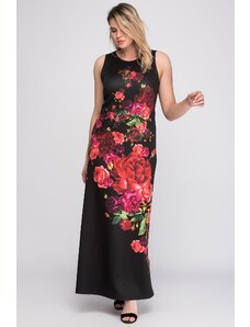 Şans Women's Plus Size Black Floral Pattern Long Dress