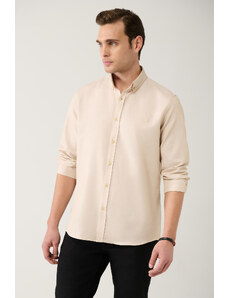 Avva Pánska béžová košeľa s golierom s gombíkmi a jednoduchým žehlením Oxford bavlnená košeľa regulárneho strihu