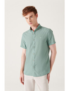 Avva Men's Green Buttoned Collar 100% Cotton Thin Short Sleeve Regular Fit Shirt