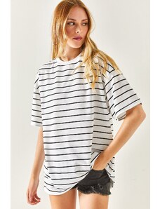 Olalook Women's White Striped 2 Thread Oversize Unisex T-Shirt