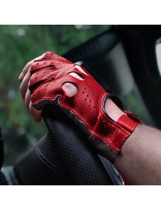 BOHEMIA GLOVES Červeno-čierne bezprstové kožené rukavice na riadenie z amerického jeleňa