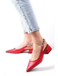 Mio Gusto Krátke dámske topánky na podpätku s otvoreným chrbtom a kamienkami v červenej farbe Sophie