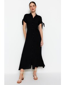 Trendyol Collection Black Belted Midi Woven Shirt Tkané šaty