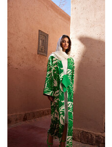 Trendyol Modest Zelené tropické vzorované dlhé tkané kimono a kaftan