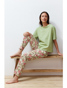 Trendyol Collection Zelená 100% bavlna, kvetinová súprava pleteného pyžama