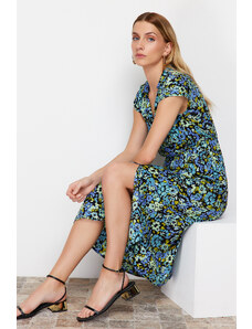 Trendyol Navy Blue Floral Pattern A-Line Double Breasted Neck 100% Viscose Woven Midi Dress