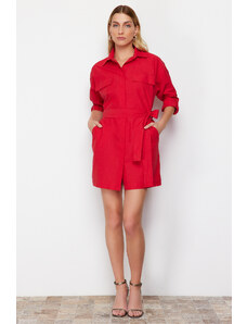 Trendyol Collection Červené mini tkané košeľové šaty s vreckom
