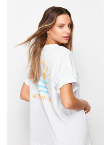 Trendyol Collection Biela 100% bavlna na chrbte a na hrudi s potlačou Oversize/pohodlného strihu Pletené tričko