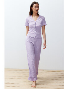 Trendyol Collection Šnúrová pletená súprava pyžama s detailným fialovým volánom