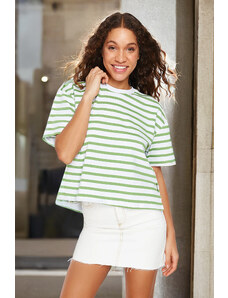 Trendyol Green Striped 100% Cotton Asymmetric Loose/Comfort Fit Knitted T-Shirt