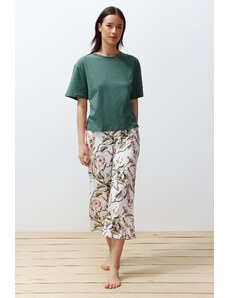 Trendyol Collection Zelená 100% bavlna, kvetinová Capri pletená pyžamová súprava