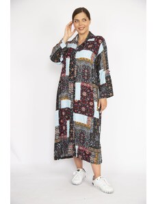 Şans Women's Colorful Plus Size Woven Viscose Fabric Front Buttoned Long Dress