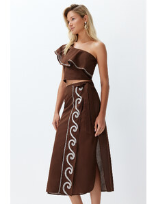 Trendyol Collection Hnedá tkaná súprava sukní na jedno rameno zo 100 % bavlny s blúzkou