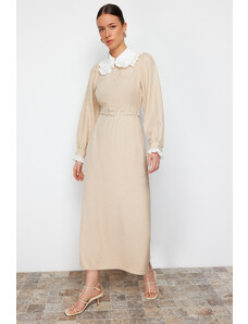 Trendyol Beige Collar and Sleeve Lace Detailed A-Line Woven Dress