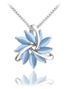 Minet Elegantný strieborný náhrdelník kvietky s modrým mačacím okien