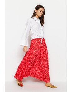 Trendyol Modest Červená tkaná sukňa s elastickým pásom s kvetinovým vzorom